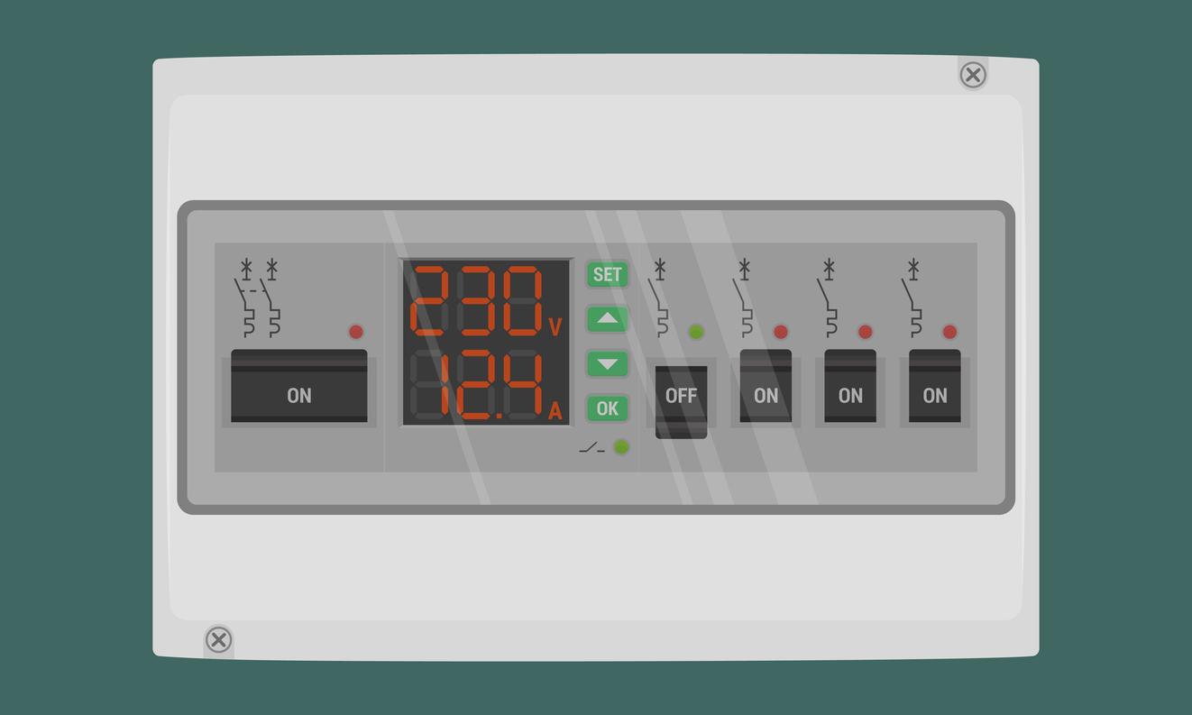 電圧と電流を表示するデジタルパネル付きの配電盤。中央のディスプレイには「230V」「12.4A」と赤色で表示されており、その横に「SET」「OK」などの緑色のボタンが配置されている。下部には複数のスイッチ(ON/OFF)が並び、回路記号とLEDインジケーターが付いている画像