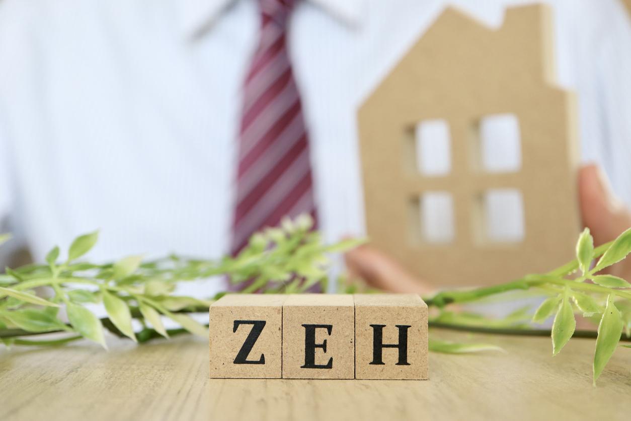 段ボール製の家の模型を背景に、白いシャツとネクタイを着た人物が持つ「ZEH」と書かれた3つの木製のブロックが前景に置かれていて、ブロックの手前には緑の葉の小枝がいくつかある画像